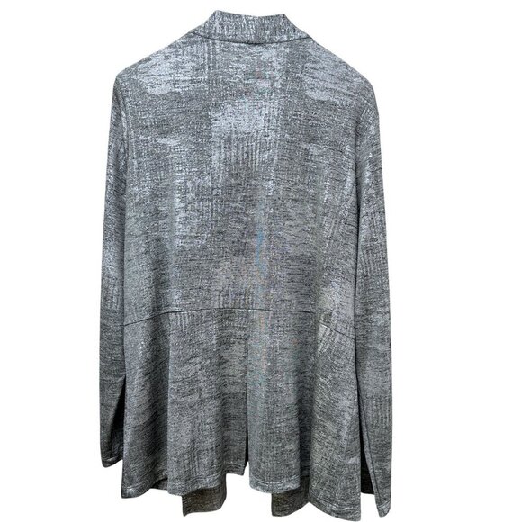 SUSAN GRAVER Silver Metallic Cardigan Size XL Stretch Liquid Knit Evening Top - Picture 6 of 8